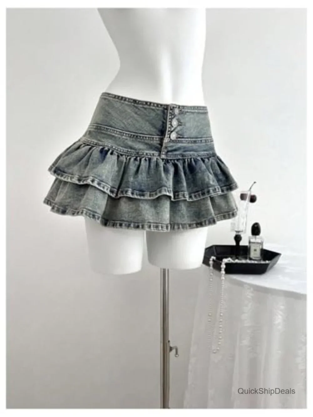 High Waisted Denim Mini Skirt Ruffle Tiered A-Line Y2K Cowgirl